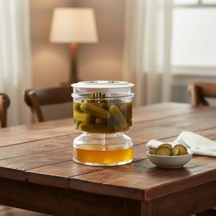 Dual Chamber Pickle and Olive Jar with Flip to Drain Strainer and Brine Catch Base for Fridge Storage