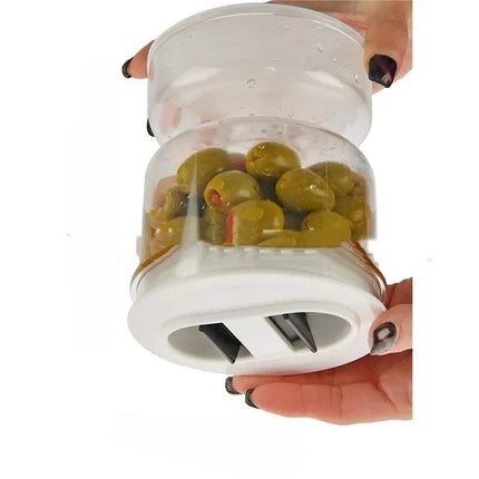 Dual Chamber Pickle and Olive Jar with Flip to Drain Strainer and Brine Catch Base for Fridge Storage