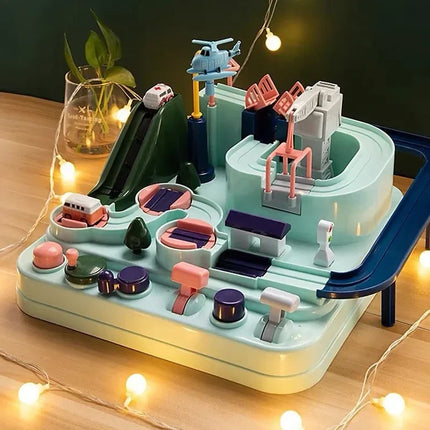 Kids Car Track Playset with Levers, Gates and Toy Cars, Interactive Screen Free Learning Toy for Boys and Girls
