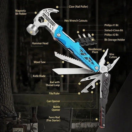 18-in-1 Hammer Multitool with Belt Sheath, Compact Tool with Screwdrivers and Bottle Opener for Home Repairs, Camping