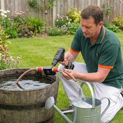 Drill Powered Water Pump Attachment, Portable Transfer Pump with Hose Connections for Ponds and Tanks