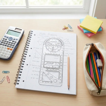 Geometry Ruler with Rotating Angle Lock Protractor and Triangle, 3 in 1 Math Drawing Tool for School Students, Transparent and Blue