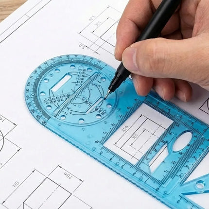 Geometry Ruler with Rotating Angle Lock Protractor and Triangle, 3 in 1 Math Drawing Tool for School Students, Transparent and Blue