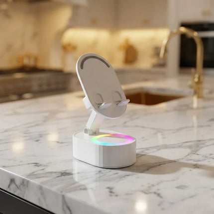 4 in 1 Induction Speaker Phone Stand with Charger and Ambient Light, 5W Driver, 300 Degree Adjustable Holder, White or Black