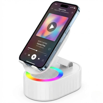 4 in 1 Induction Speaker Phone Stand with Charger and Ambient Light, 5W Driver, 300 Degree Adjustable Holder, White or Black