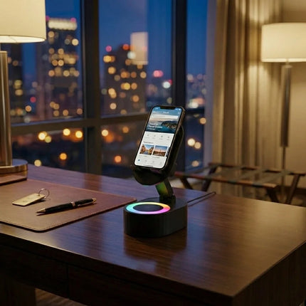 4 in 1 Induction Speaker Phone Stand with Charger and Ambient Light, 5W Driver, 300 Degree Adjustable Holder, White or Black