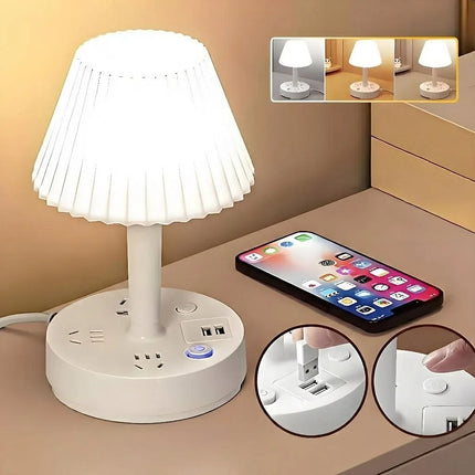 LED Charging Lamp 3-in-1 with Built-In USB Ports and AC Sockets, Warm Glow Bedside Table Light, US Plug
