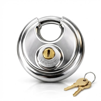 Stainless Steel Disc Padlock with Shielded Shackle, Bolt Cutter Resistant Lock for Storage Units, Gym Lockers and Bikes