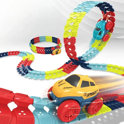 Snap Together Race Car Track Set with Light Up Climbing Car, Build Loops, Curves and Twists for Indoor Play