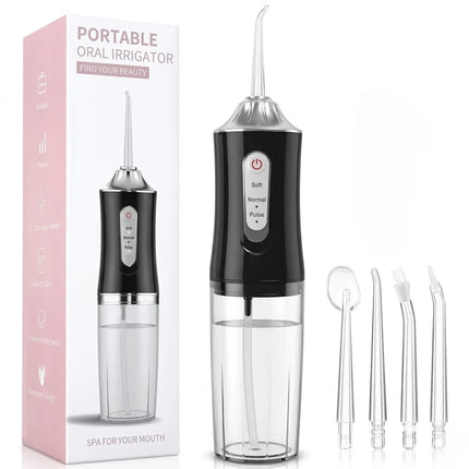 Portable Oral Irrigator, Rechargeable Water Flosser with Soft Mode, Standard and Tongue Scraper Nozzles, Compact Travel Size