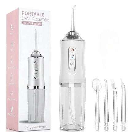 Portable Oral Irrigator, Rechargeable Water Flosser with Soft Mode, Standard and Tongue Scraper Nozzles, Compact Travel Size