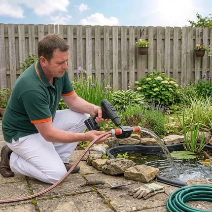 Drill Powered Water Pump Attachment, Portable Transfer Pump with Hose Connections for Ponds and Tanks