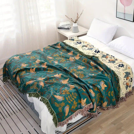 Scandinavian Bird Blanket Throw with Reversible Design & Fringe Edges | Versatile Home Accent for Sofas and Beds