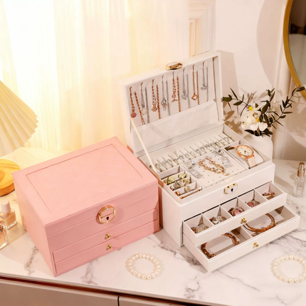 Lockable Jewelry Box Organizer with Three-Layer Design | Compact Storage for Rings, Earrings, and Necklaces