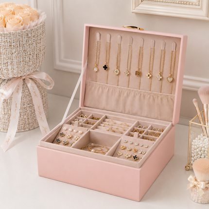 Jewelry Box Organizer with 2-Layer Design & Expandable Tray | Elegant Storage for Rings, Necklaces, and Bracelets