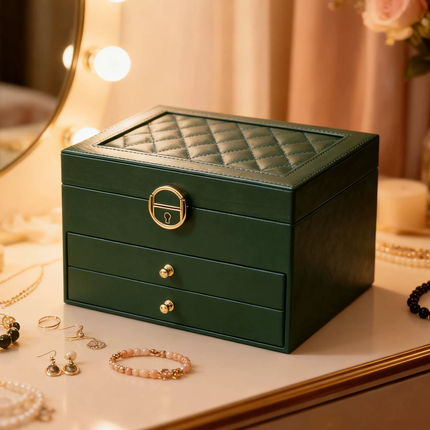Lockable Jewelry Box Organizer with Three-Layer Design | Compact Storage for Rings, Earrings, and Necklaces