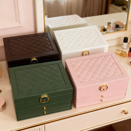 Lockable Jewelry Box Organizer with Three-Layer Design | Compact Storage for Rings, Earrings, and Necklaces