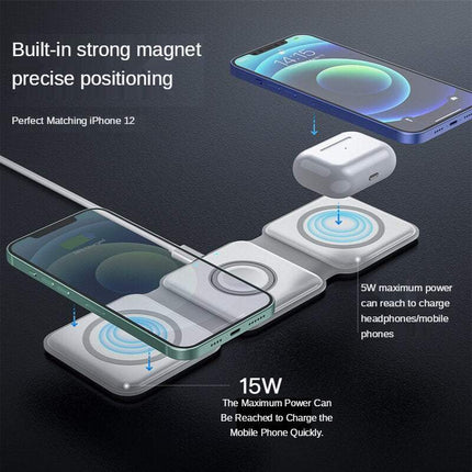 Magnetic Wireless Charger 15W with Foldable Stand, 3-in-1 Travel Charging Pad for Phone, Watch and Earbuds