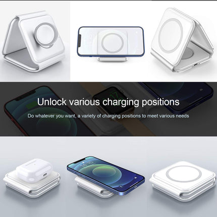 Magnetic Wireless Charger 15W with Foldable Stand, 3-in-1 Travel Charging Pad for Phone, Watch and Earbuds