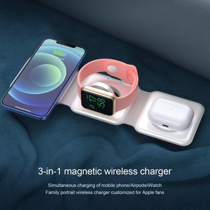 Magnetic Wireless Charger 15W with Foldable Stand, 3-in-1 Travel Charging Pad for Phone, Watch and Earbuds