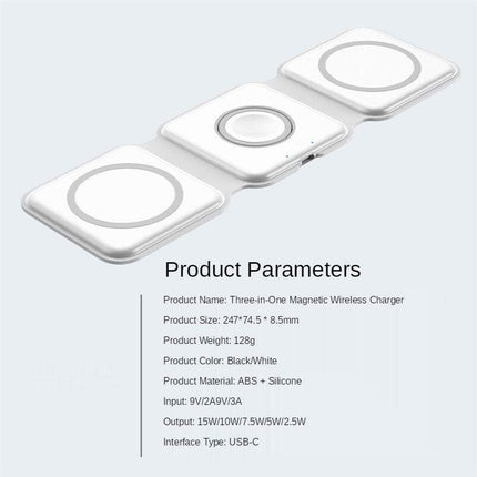 Magnetic Wireless Charger 15W with Foldable Stand, 3-in-1 Travel Charging Pad for Phone, Watch and Earbuds