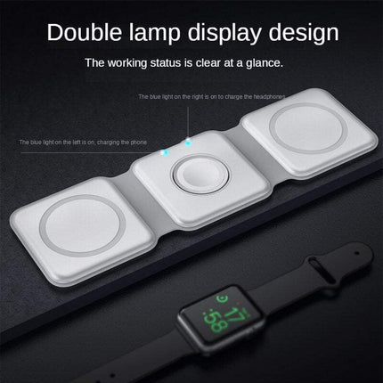 Magnetic Wireless Charger 15W with Foldable Stand, 3-in-1 Travel Charging Pad for Phone, Watch and Earbuds