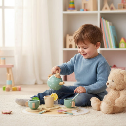 Wooden Tea Set Toy for Kids with Fine Motor Skills Focus | Eco-Friendly Pretend Play for Imaginative Tea Parties