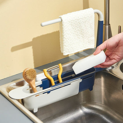 Telescopic Sink Rack with Towel Bar, Adjustable Over Sink Organizer with Drain Holes for Sponges and Brushes