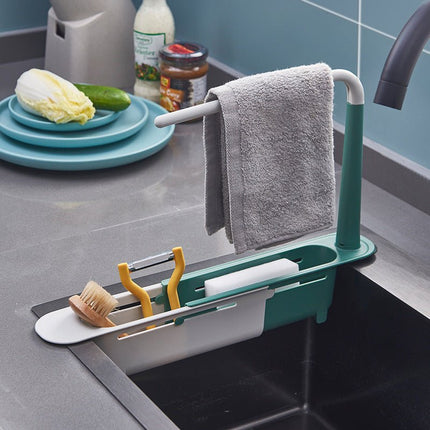 Telescopic Sink Rack with Towel Bar, Adjustable Over Sink Organizer with Drain Holes for Sponges and Brushes