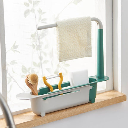 Telescopic Sink Rack with Towel Bar, Adjustable Over Sink Organizer with Drain Holes for Sponges and Brushes