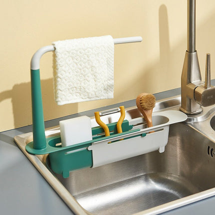 Telescopic Sink Rack with Towel Bar, Adjustable Over Sink Organizer with Drain Holes for Sponges and Brushes
