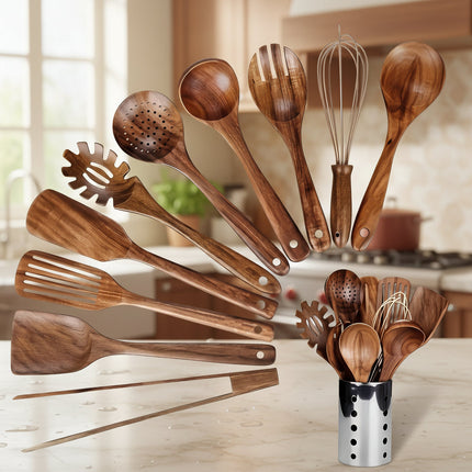 Natural Wood Kitchen Tool Set with Countertop Holder | Complete Utensil Collection for Easy Cooking and Serving