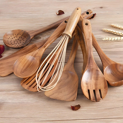 Natural Wood Kitchen Tool Set with Countertop Holder | Complete Utensil Collection for Easy Cooking and Serving