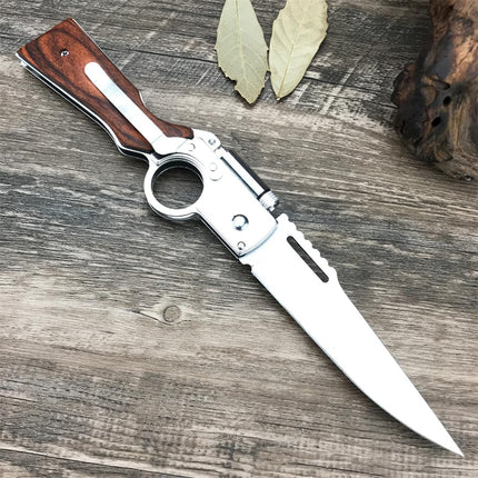 Folding Pocket Knife with Stainless Steel Blade, Lever-Action Rifle Styling, Wooden Handle and Built-In Flashlight