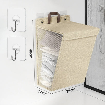 Foldable Adhesive Laundry Basket with Linen Material | Wall-Mounted Storage for Space-Saving Organization