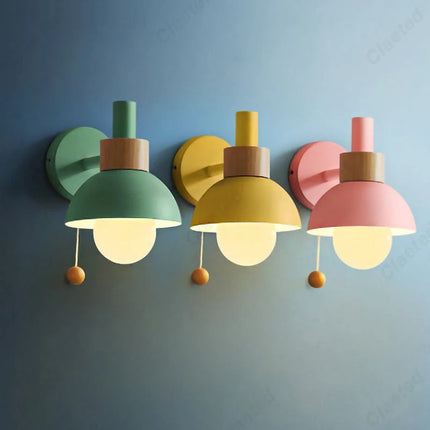 Nordic Wood Wall Lamp with Pull-Switch Design | Minimalist Lighting for Cozy Atmosphere