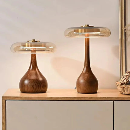 Glass Table Lamp with Adjustable LED Lighting | Elegant Brass & Wood Design for Cozy Ambience