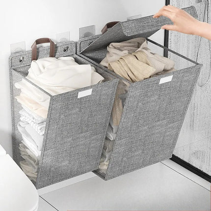 Foldable Adhesive Laundry Basket with Linen Material | Wall-Mounted Storage for Space-Saving Organization