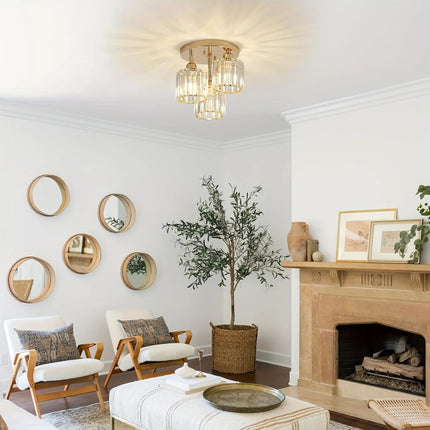 Modern Crystal Ceiling Light with 3 Shades in Gold | Elegant Semi Flush Mount for Timeless Home Illumination