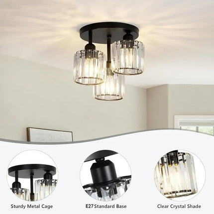 Modern Crystal Ceiling Light with 3 Shades in Gold | Elegant Semi Flush Mount for Timeless Home Illumination