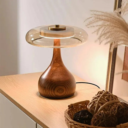 Glass Table Lamp with Adjustable LED Lighting | Elegant Brass & Wood Design for Cozy Ambience