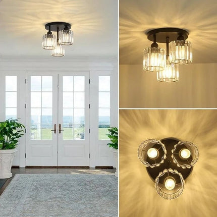 Modern Crystal Ceiling Light with 3 Shades in Gold | Elegant Semi Flush Mount for Timeless Home Illumination