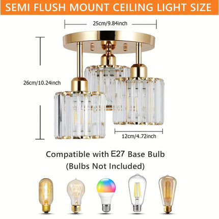 Modern Crystal Ceiling Light with 3 Shades in Gold | Elegant Semi Flush Mount for Timeless Home Illumination