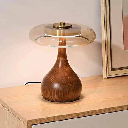 Glass Table Lamp with Adjustable LED Lighting | Elegant Brass & Wood Design for Cozy Ambience