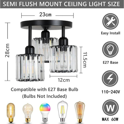Modern Crystal Ceiling Light with 3 Shades in Gold | Elegant Semi Flush Mount for Timeless Home Illumination