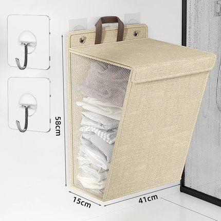 Foldable Adhesive Laundry Basket with Linen Material | Wall-Mounted Storage for Space-Saving Organization