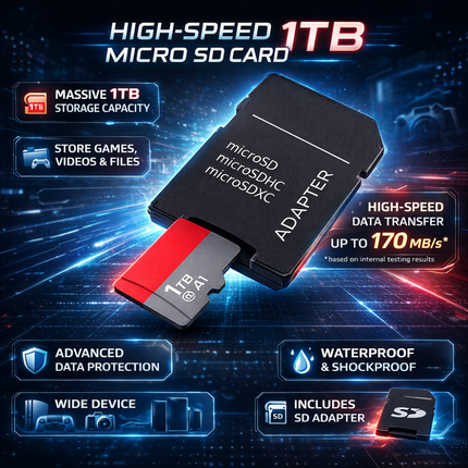 High-Speed 1TB Micro SD Memory Card with Adapter | High-Capacity Storage for Photos and Videos