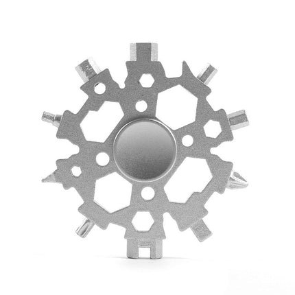 18-in-1 Snowflake Multitool, Stainless Steel Wallet-Size Tool with Can Opener, Hex Wrenches and Fidget Spinner Function