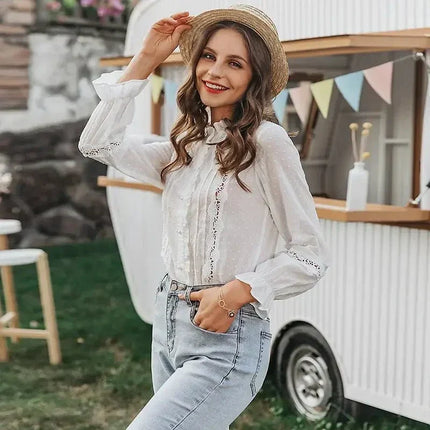 Victorian Lace Blouse, White Lace Top with Long Sleeves and Gathered Cuffs