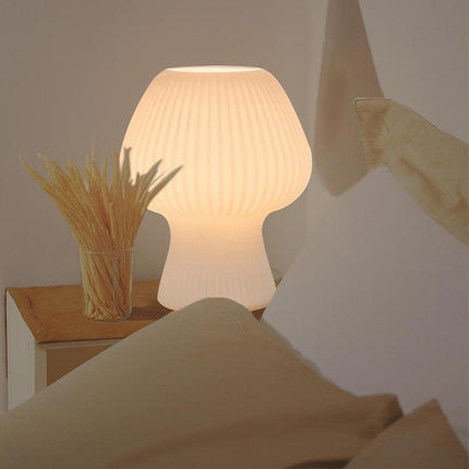 Vintage Glass Table Lamp with Dimmable Warm Light | Ribbed Mushroom Design for Cozy Bedrooms and Living Spaces